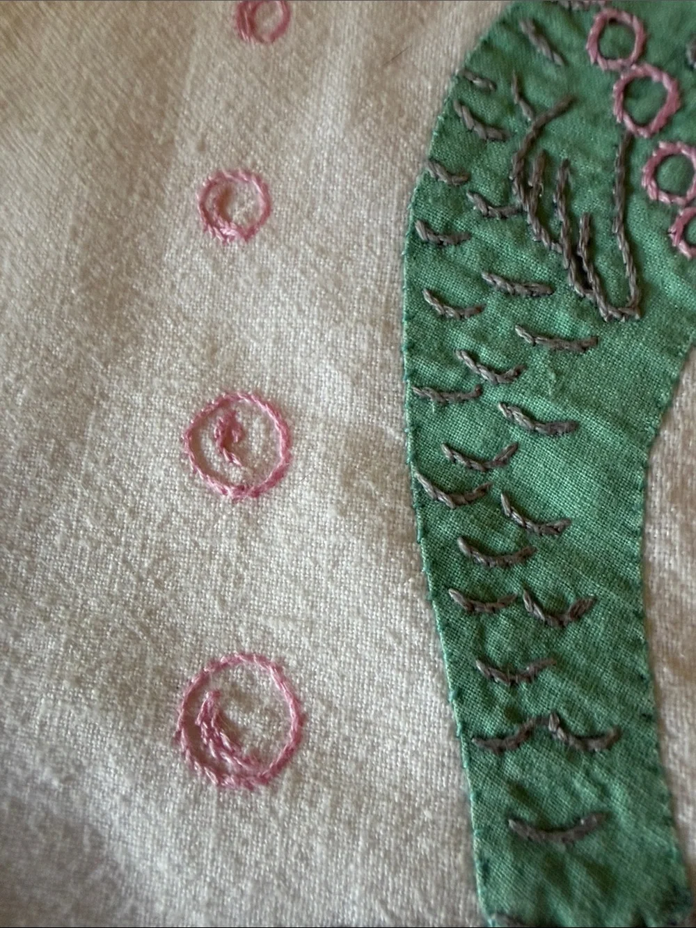 White Kitchen Towel with Green Fish Illustration and Pink Trim